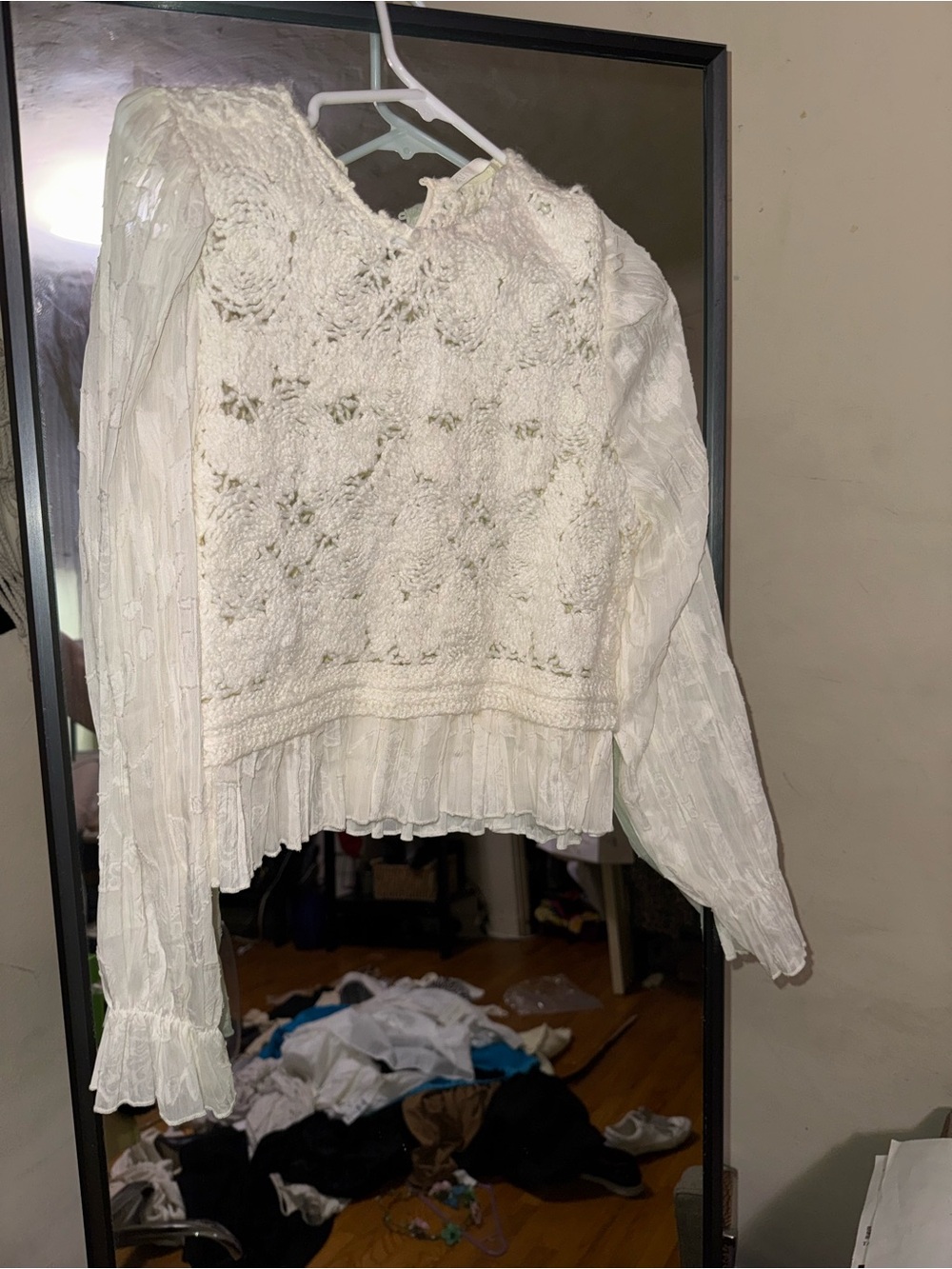 Zara Cream Crochet Lace Blouse with Sheer Bishop Sleeves